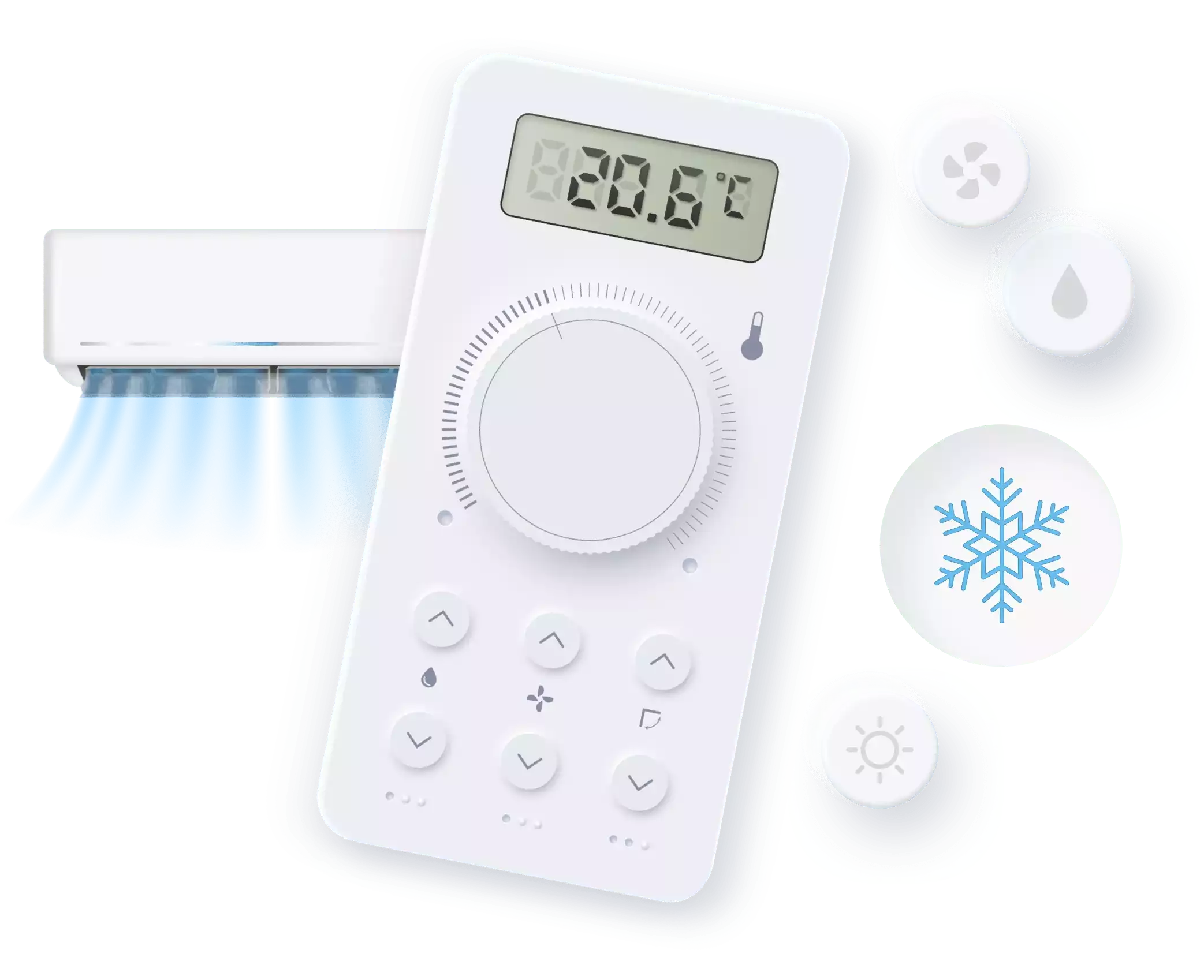 Air conditioner remote with a snowflake icon and a wall-mounted unit in the background
